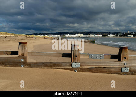 Groynes on Dawlish Warren beach, looking towards Exmouth. Stock Photo