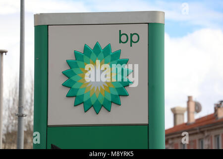 Menton, France - March 19, 2018: British Petroleum Petrol Station Logo Against Blue Sky. British Petroleum is a British Multinational Oil And Gas Comp Stock Photo