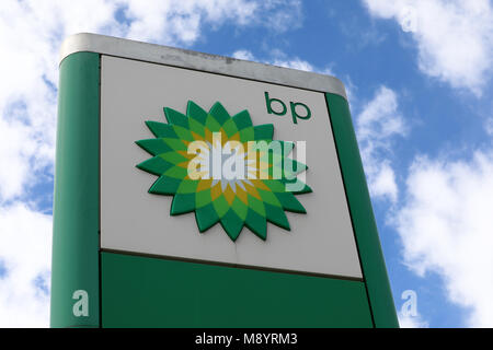 Menton, France - March 19, 2018: British Petroleum Petrol Station Logo Against Blue Sky. British Petroleum is a British Multinational Oil And Gas Comp Stock Photo