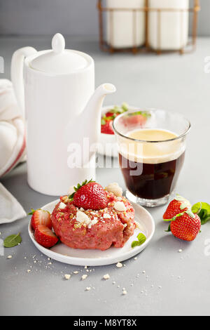 Strawberry shortcake donuts with coffee Stock Photo