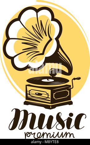 Music logo or label. Retro gramophone, phonograph symbol. Vector illustration Stock Vector