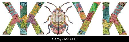 Word beetle in Russian and the silhouette of an insect zentangle styled with clean lines for coloring book for anti stress, T - shirt design, tattoo a Stock Vector