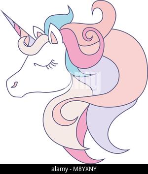 Unicorn head on white background. Cute magic cartoon fantasy animal. Rainbow horn, pink and blue hair. Dream symbol. Design for children Stock Vector