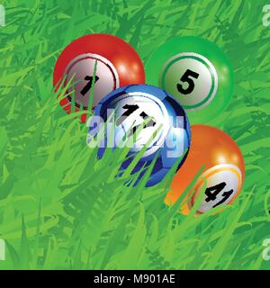 3D Illustration of Bingo Lottery Balls and Blue Football Soccer Ball with Number Over Green Grass Background Stock Vector