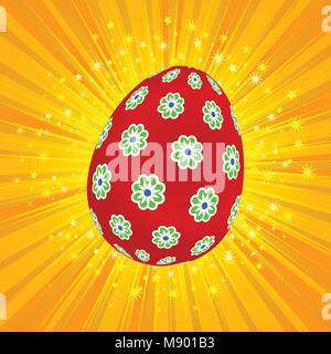 Red Decorated with Flowers Easter Egg Over Yellow Star Burst Background Stock Vector