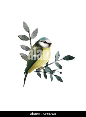 Small cute bird on branch with leaves. Vector fluffy bird. Stock Vector