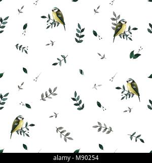 Seamless pattern with leaves and small cute birds. Floral background. Vector seamless pattern. Stock Vector