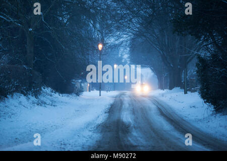 Snow covered road at dusk, Chipping Campden, The Cotswolds, Gloucestershire, England, United Kingdom, Europe Stock Photo