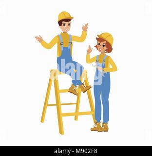 Construction female and male worker character vector design. Animate personage. Fun cartoon person. Isolated on white background. Stock Vector