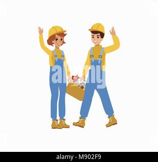 Construction female and male worker character vector design. Animate personage. Fun cartoon person. Isolated on white background. Stock Vector