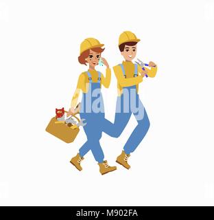 Construction female and male worker character vector design. Animate personage. Fun cartoon person. Isolated on white background. Stock Vector