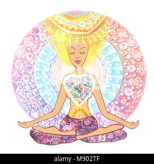 Yoga lotus pose. Padmasana. Woman practicing yoga. Hand drawn woman sitting in yoga lotus pose on mandala background. For yoga studio or fitness club. Stock Photo