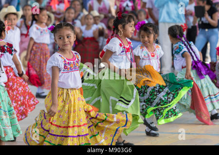 San Juan Teitipac, Oaxaca, Mexico - Children and youth perform during the town's Linguistic and Heritage Fair. The purpose of the fair was to preserve Stock Photo