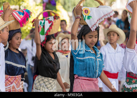 San Juan Teitipac, Oaxaca, Mexico - Children and youth perform during the town's Linguistic and Heritage Fair. The purpose of the fair was to preserve Stock Photo