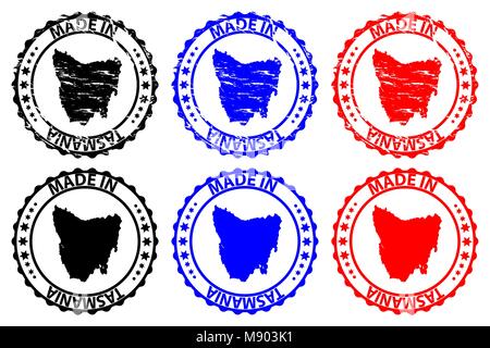 Made in Tasmania - rubber stamp - vector, Tasmania map pattern - black, blue and red Stock Vector