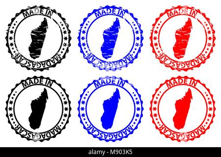 Made in Madagascar - rubber stamp - vector, Madagascar map pattern - black, blue and red Stock Vector