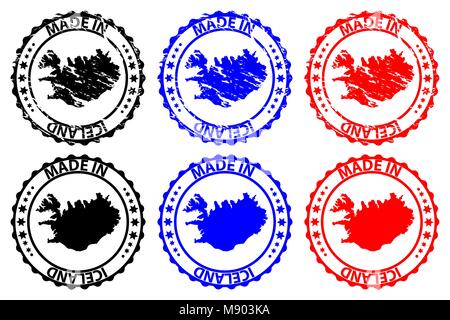 Made in Iceland - rubber stamp - vector, Iceland map pattern - black, blue and red Stock Vector