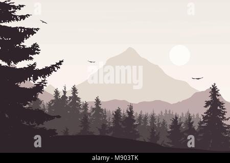 Mountain landscape with a forest under the sky with clouds and flying birds in retro colors - vector Stock Vector