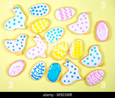 Bakery background egg, sugar, over yellow background. Spring cooking theme. Top view, copy space. easter theme Stock Photo