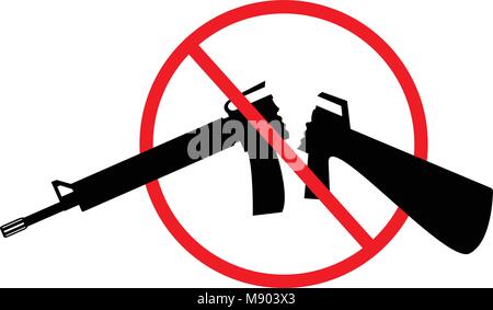 Silhouette of broken assault rifle with red sign over it. Vector illustration with white / transparent background. Stock Vector