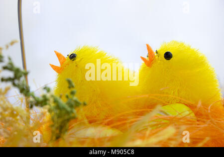 Easter decorations. On the picture two chickens with eggs in the brood. Stock Photo