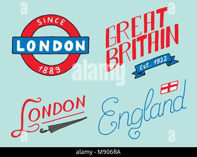 British, Crown and Queen, London and the gentlemen. symbols, badges or stamps, emblems or architectural landmarks, United Kingdom. Country England label. Stock Vector