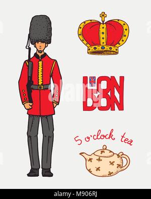 British, Crown and Queen, teapot with tea and royal guard, London and the gentlemen. symbols, badges or stamps, emblems or architectural landmarks, United Kingdom. Country England label. Stock Vector