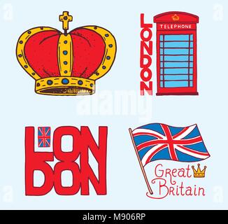 British, symbols, badges or stamps, emblems, architectural landmarks, flag of the United Kingdom. Country England label. Phone Booth, London and the gentlemen. Engraved, hand drawn vintage style. Stock Vector