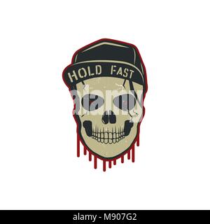 Skull charactre with blood stains, cap. Vintage hand drawn street style. Urban city attributes. Retro colors style. Hipster skull icon. Stock vector isolated on white background Stock Vector