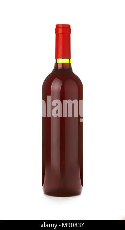 Close up one full unopen glass bottle of red wine without label isolated on white background, low angle side view Stock Photo