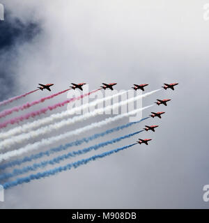 The Red Arrows flying over Liverpool Stock Photo