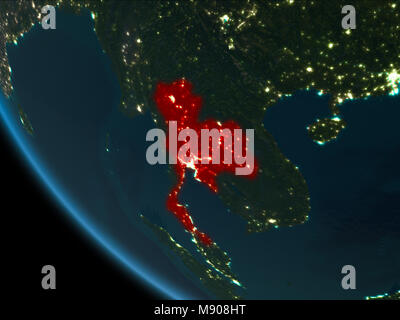 Thailand from orbit of planet Earth at night with highly detailed surface textures. 3D illustration. Elements of this image furnished by NASA. Stock Photo