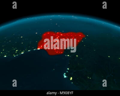 Country of Nigeria in red on planet Earth at night. 3D illustration. Elements of this image furnished by NASA. Stock Photo