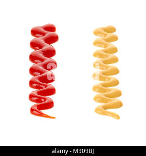 Splashes of ketchup and mustard on white Stock Photo