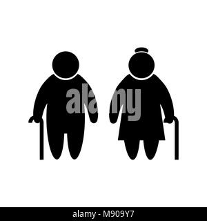Elder people icon in flat style Old men simbol in black Old man and woman pictogram Isolated on white background. Simple abstract icon Vector illustra Stock Vector