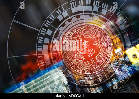 Double exposure bitcoin digital currency, bit-coin on motherboard or with chips on city background, Cryptocurrency money concept idea. Stock Photo