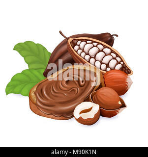 Bread with chocolate paste, hazelnuts and cocoa. Raster illustration, isolated on the white background. Stock Photo