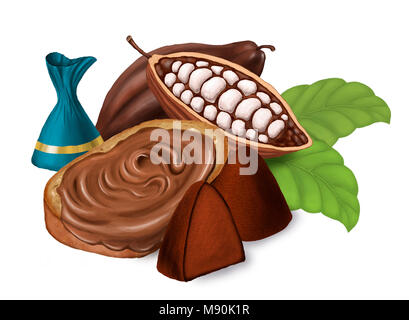 Sweets truffle, bread with chocolate paste and cocoa. Isolated on white. Raster illustration. Stock Photo