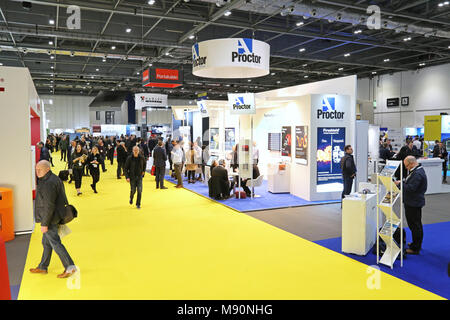 Interior view of the EcoBuild exhibition at Excell London, March 2018. The UK's leading exhibition for construction and building products. Stock Photo