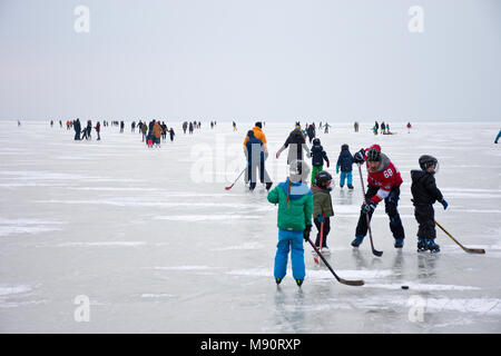 Father and children playing ice hockey amongst other ice skating people on the frozen Lake Neusiedl in dull cloudy winter weather. Stock Photo