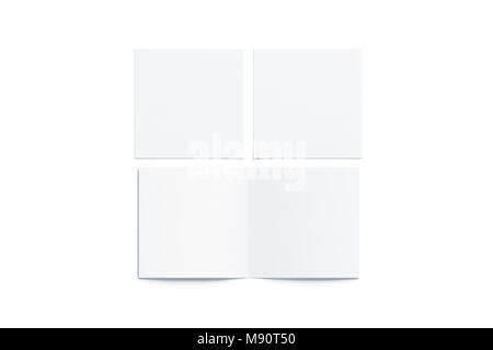 Blank white two folded square booklet mock up, opened and closed, front and back side, top view, 3d rendering. Plain twofold brochures mockups set iso Stock Photo