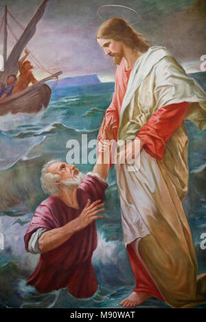 Saint-Grat church. Painting. Peter walked on the water towards Jesus, but he became afraid and began to sink, and Jesus rescued him. Valgrisenche. Ita Stock Photo