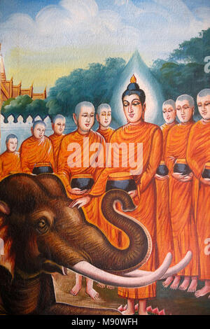 Fresco depicting the Buddha's sangha with an elephant in Wat Chiang Mun, Chiang Mai. Thailand Stock Photo