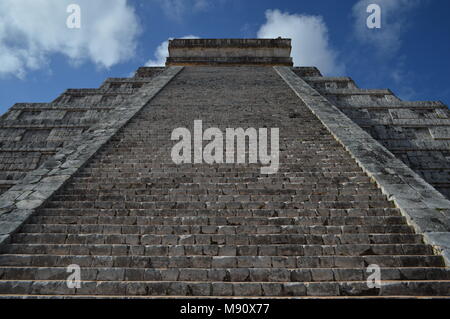 Looking up the steps of the north side of El Castillo at Chichen Itza, Mexico Stock Photo