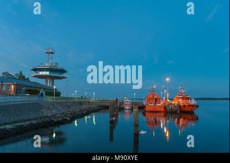 Pilot boat and control tower of the traffic center at the river mouth of the river Trave, Travemuende, Baltic Sea, Schleswig-Holstein, Germany, Europe Stock Photo