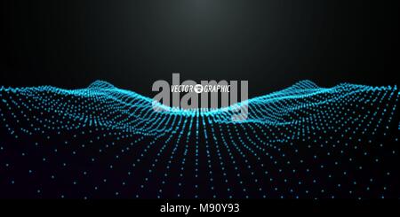 Abstract digital landscape with flowing particles. Cyber or technology background.Vector illustration. Stock Vector