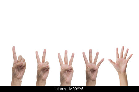 Set of hand gesture and sign collection isolated on white background. Multiple hand gestures. Stock Photo