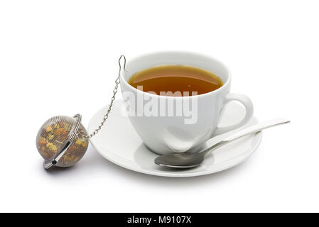 cup of tea with infuser on white background Stock Photo