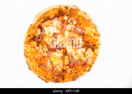 Cost-up  Hawaiian pizza box set isolated on white background. It copy space and selection focus. Stock Photo