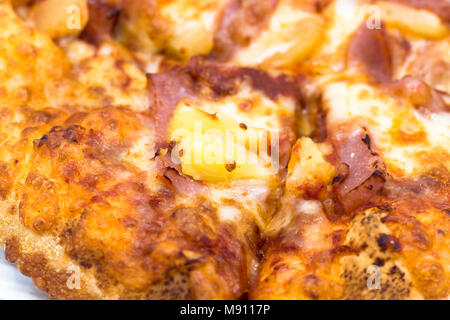 Cost-up  Hawaiian pizza box set isolated on white background. It copy space and selection focus. Stock Photo